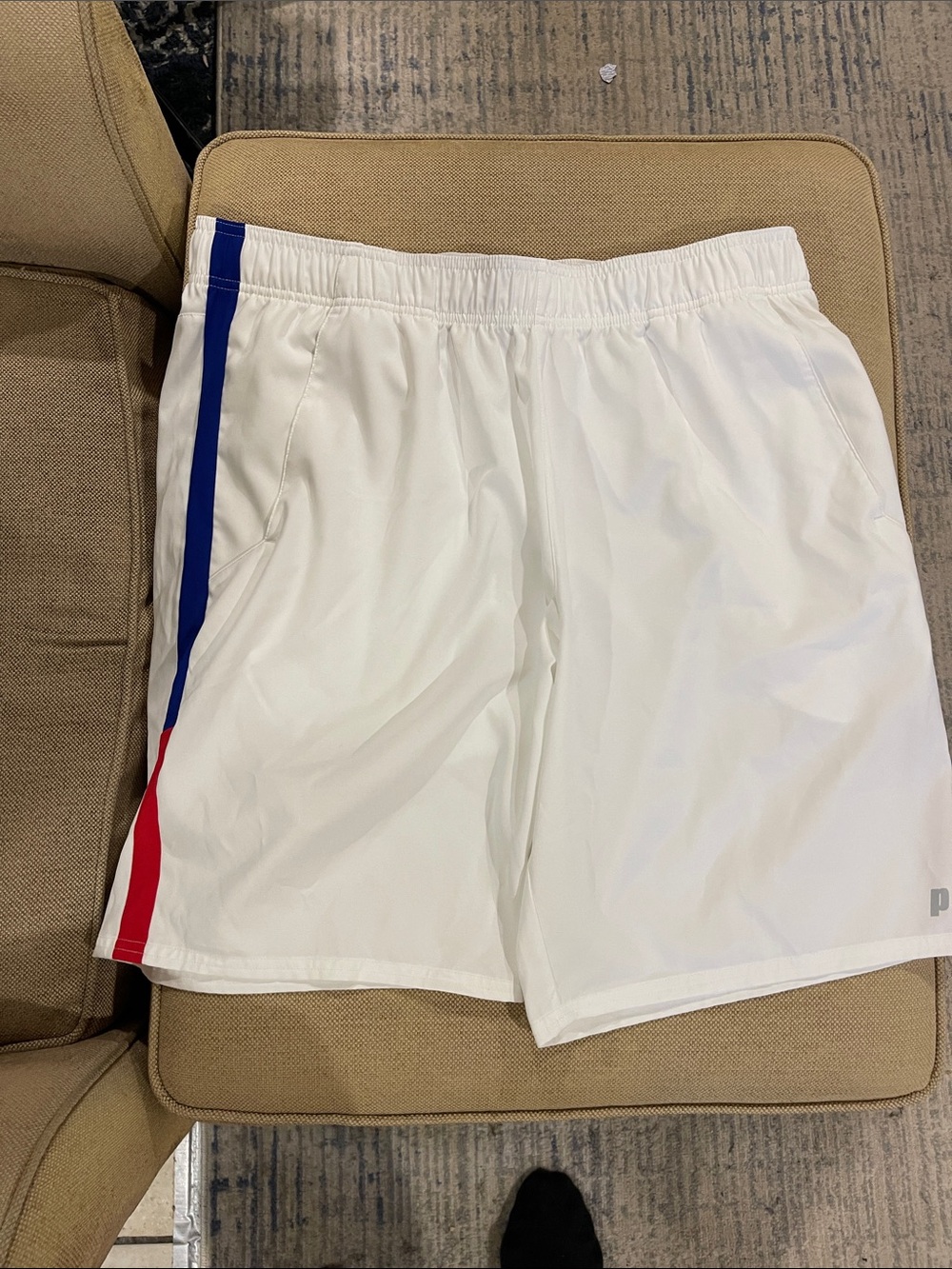 Prince White Athletic Shorts with Blue and Red Side Stripes
